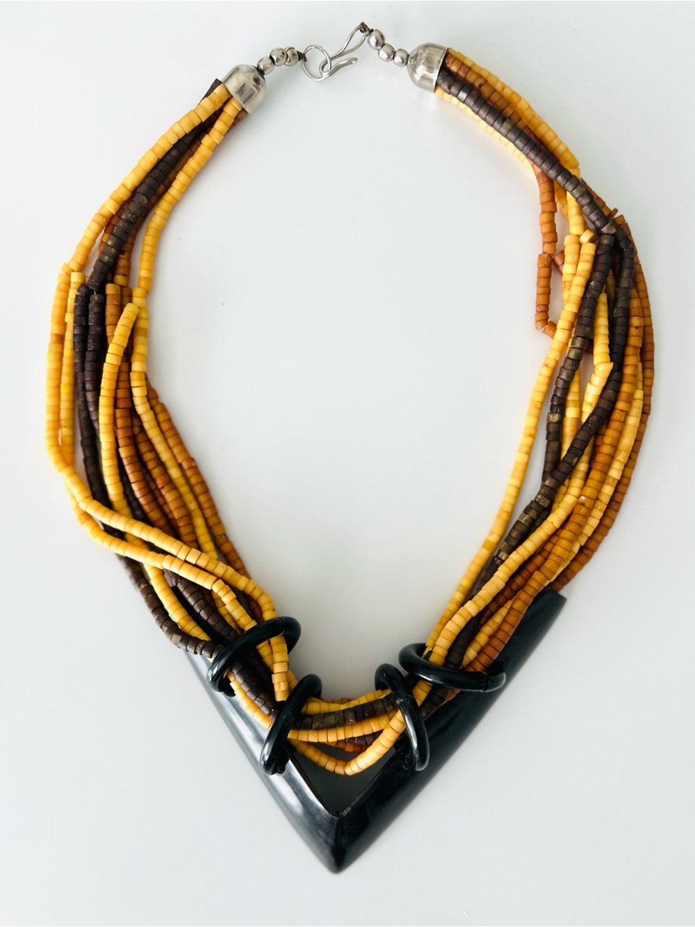Handmade Yellow and Brown Beaded Statement Necklace with Black V-Accent